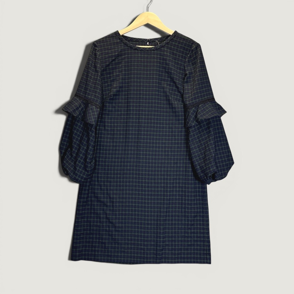 Loft Dress 8 Green Blue Black Tartan Plaid Check Shift Long Bell Sleeve Ruffle